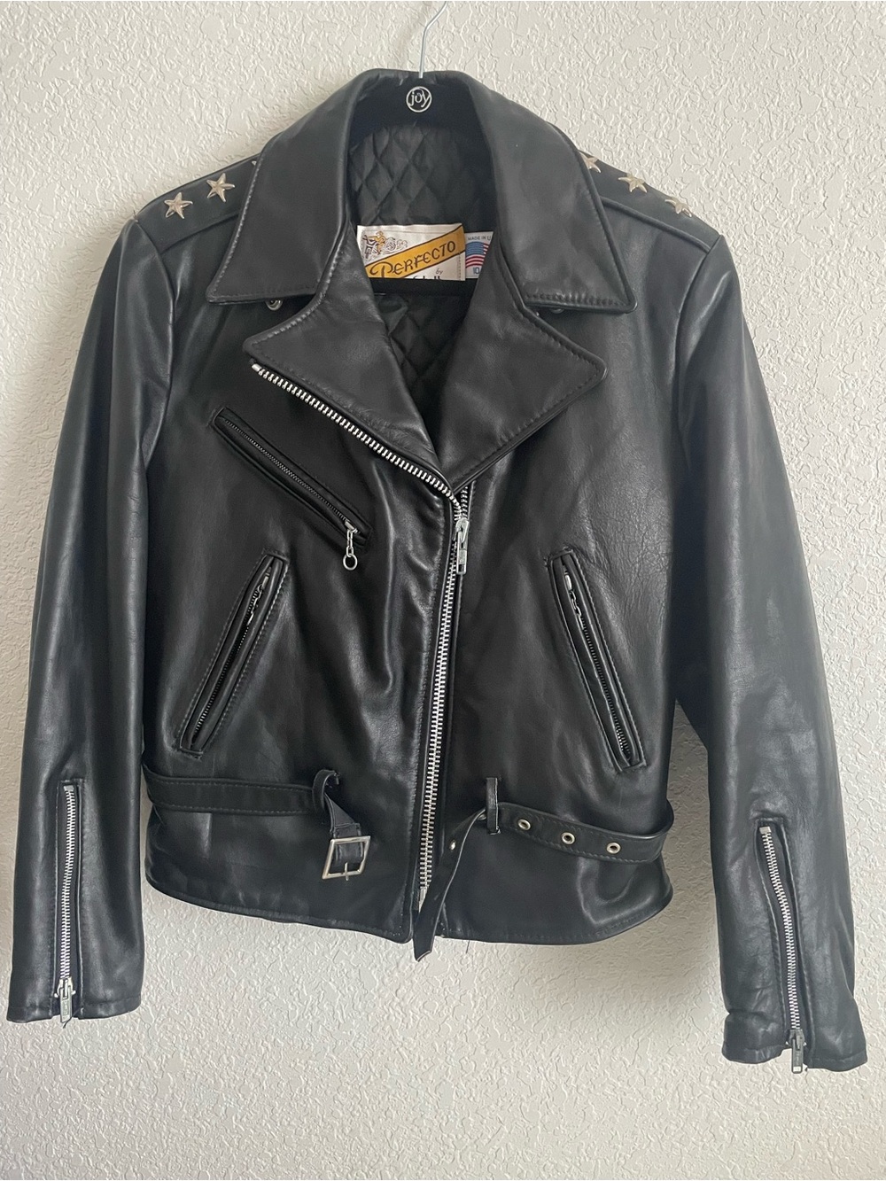 Schott NYC Perfecto Black Leather Motorcycle Jacket with Star-Stud Shoulder